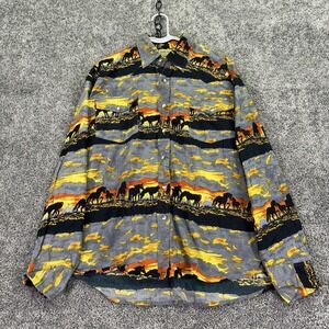 Moda Tech Shirt Mens Large Multicolor Horse Sunset Western Long Sleeve Button Up